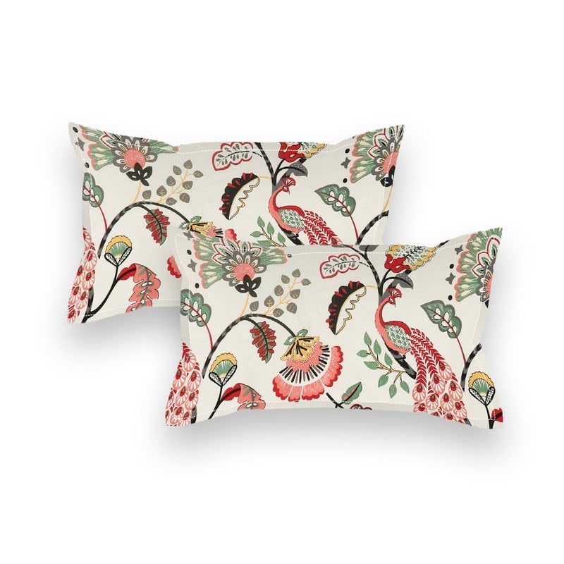 DECOREZA 300 Tc Cotton Feel Glace Cotton Elastic Fitted Printed King Size Double Bed Bedsheet With 2 Pillow Covers And Fits Upto 8 Inches Mattress (Beige Anokhi, King Size 78 X 72 Inch) - Image 1