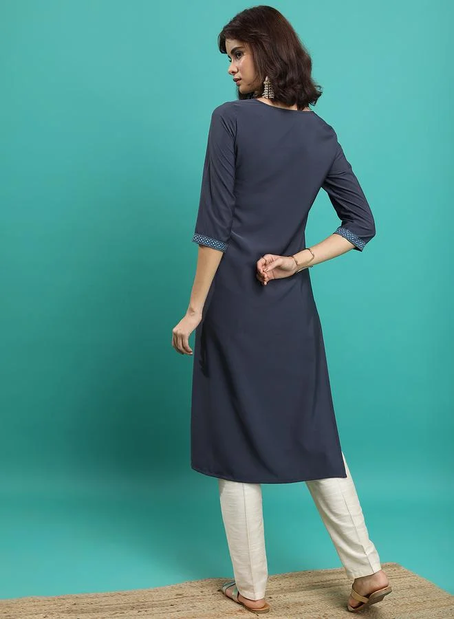 Vishudh Vishudh Blue Ethnic Motifs Printed Straight Kurta