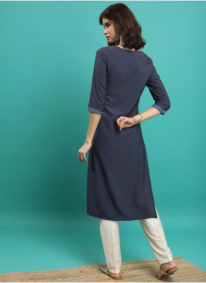 Vishudh Blue Ethnic Motifs Printed Straight Kurta by Styli  - Image 3