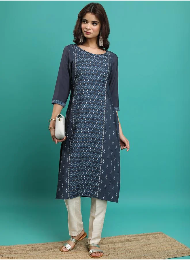 Vishudh Blue Ethnic Motifs Printed Straight Kurta by Styli