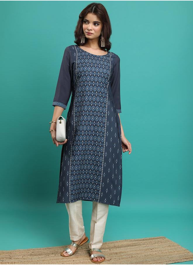 Vishudh Blue Ethnic Motifs Printed Straight Kurta by Styli  - Image 1