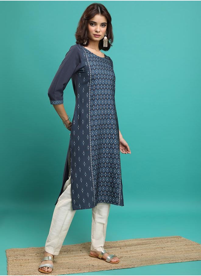 Vishudh Blue Ethnic Motifs Printed Straight Kurta by Styli  - Image 4