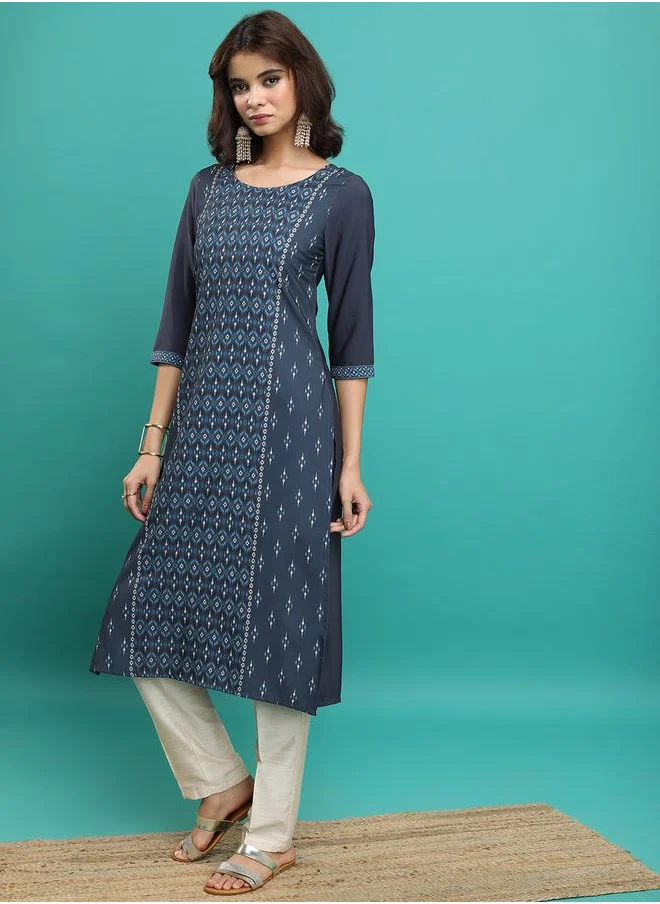Vishudh Blue Ethnic Motifs Printed Straight Kurta by Styli