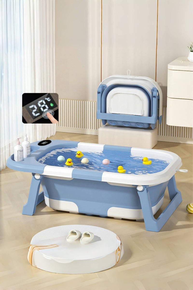 Loloty 3-in-1 Foldable Baby Bathtub with Smart Temperature Display & Newborn Cushion Pad – Portable 3-Fold Space Saving Design, Non-Slip Collapsible Infant Tub for 0-3 Years, Blue - Image 1