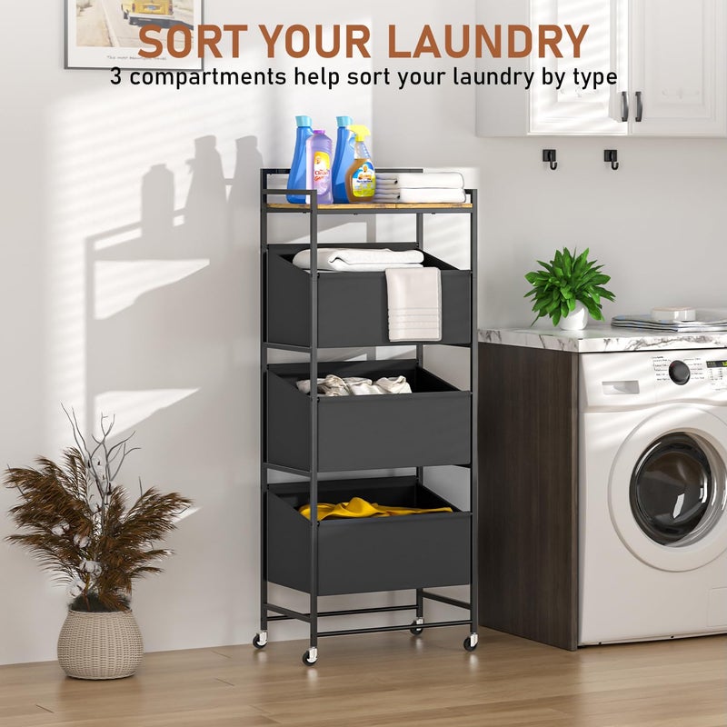 ONWAYHOME 3-Tier Laundry Hamper Sorter with Wheels, 120L Vertical Rolling Laundry Basket Organizer Cart, 3 Section Laundry Sorter with Shelf for Small Space, Laundry Room, Bathroom, Bedroom, Dorm, Closet - Image 3