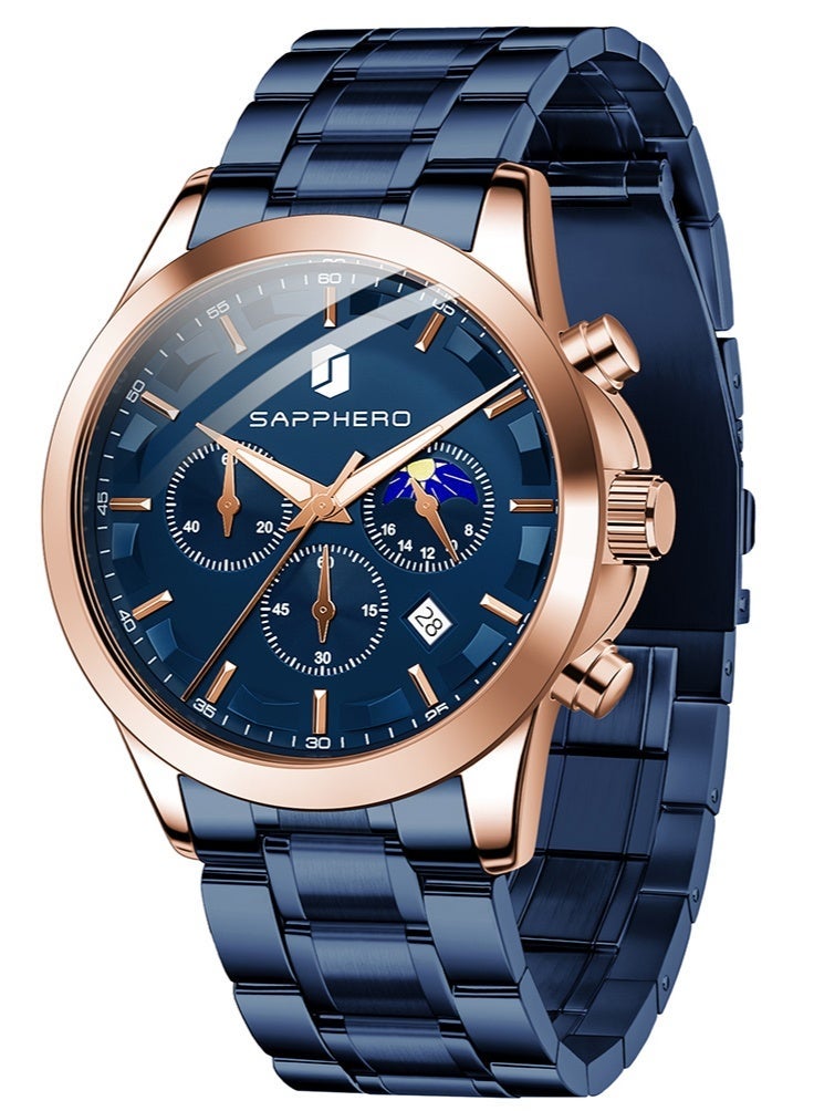 SAPPHERO Chronograph Watches for Men, Original Business Casual Stainless Steel Analog Watch 50M Waterproof Luminous Watches with Date Dial, Mens Gift - Image 1