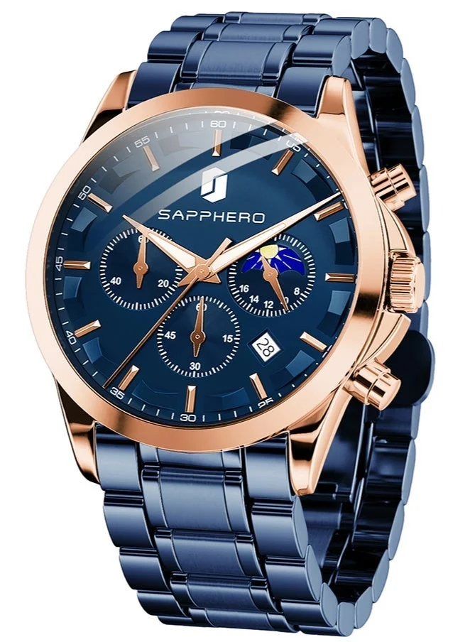 Sapphero SAPPHERO Chronograph Watches for Men, Original Business Casual Stainless Steel Analog Watch 50M Waterproof Luminous Watches with Date Dial, Mens Gift