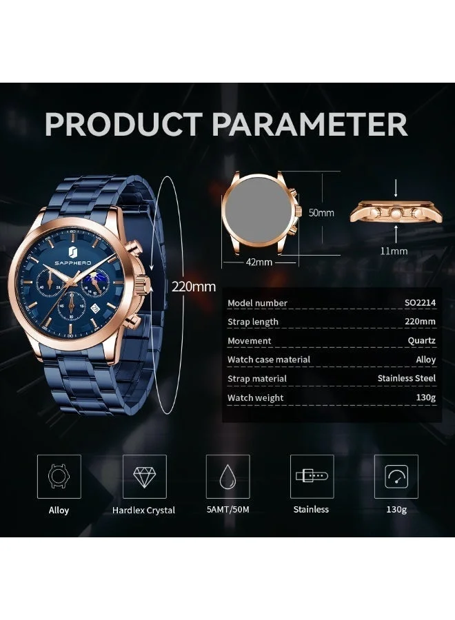 Sapphero  SAPPHERO Chronograph Watches for Men, Original Business Casual Stainless Steel Analog Watch 50M Waterproof Luminous Watches with Date Dial, Mens Gift for Men | Best Price UAE