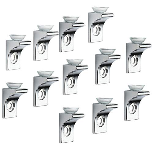 Tiberham Glass Shelf Bracket, Tiberham 12 Pcs Zinc Alloy Polished Chrome Right Angle Shelf Support Fixing Clip with Suction Cup Base, Wall Mounted Glass Support Pegs Corner Brace Board Holder - Image 1