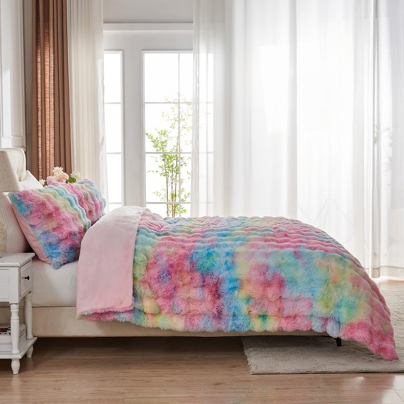 Lotus Karen Lotus Karen Fluffy Comforter Cover Set-Rabbit Fluff Faux Fur Duvet Cover Queen Size Rainbow Plush Fuzzy Furry Bedding Sets 3Pieces(1 Duvet Cover & 2 Pillow Shams) Zipper Closure  - Image 5