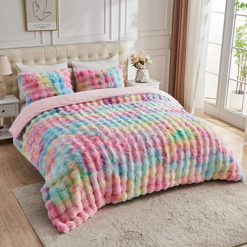 Lotus Karen Lotus Karen Fluffy Comforter Cover Set-Rabbit Fluff Faux Fur Duvet Cover Queen Size Rainbow Plush Fuzzy Furry Bedding Sets 3Pieces(1 Duvet Cover & 2 Pillow Shams) Zipper Closure  - Image 4