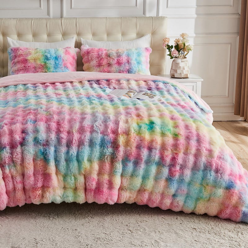 Lotus Karen Lotus Karen Fluffy Comforter Cover Set-Rabbit Fluff Faux Fur Duvet Cover Queen Size Rainbow Plush Fuzzy Furry Bedding Sets 3Pieces(1 Duvet Cover & 2 Pillow Shams) Zipper Closure  - Image 1