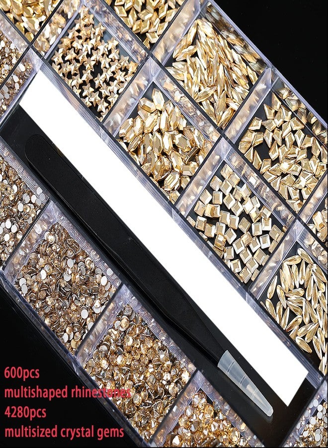 CESUSME 4880Pcs Champagne Rhinestones for Nails, Gold Crystal Nail Rhinestones Round Beads Flatback Glass Gems Stones, Multi Shapes 3D Nail Crystals for Nail Art DIY Crafts Clothes Shoes Jewelry - Image 4