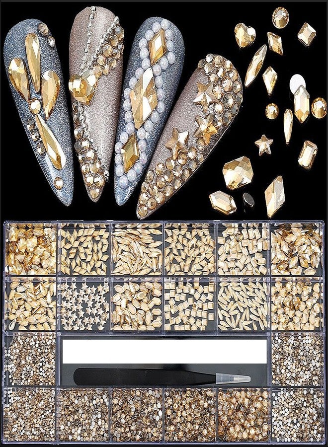 CESUSME 4880Pcs Champagne Rhinestones for Nails, Gold Crystal Nail Rhinestones Round Beads Flatback Glass Gems Stones, Multi Shapes 3D Nail Crystals for Nail Art DIY Crafts Clothes Shoes Jewelry - Image 1