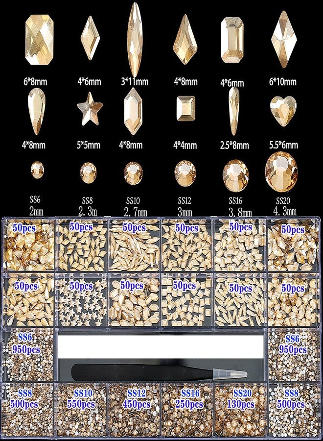 CESUSME 4880Pcs Champagne Rhinestones for Nails, Gold Crystal Nail Rhinestones Round Beads Flatback Glass Gems Stones, Multi Shapes 3D Nail Crystals for Nail Art DIY Crafts Clothes Shoes Jewelry - Image 2