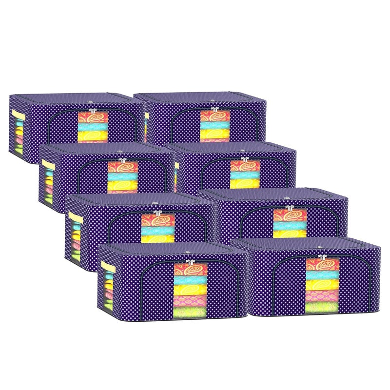 Urbane Home Urbane Home Pack of 8 Clothes Storage Box 24 Liter Wardrobe Organizer Waterproof Underbed Storage Box for Blankets Parachute Steel Frame Drawer Organizer Dot Print Blue  - Image 1