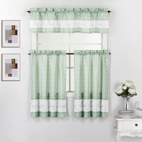 Interior Trends Live Love Laugh 3 Piece Printed Kitchen Window Curtain Valance and Tier Panels Set Sage 36 Tiers Set