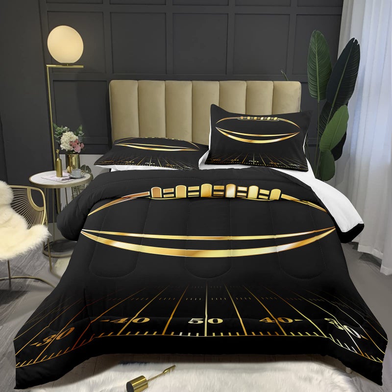 Bodhi Black and Gold Football Comforter Set Full for Boys Kids Sport Comforter Football Bedding Set American Football Comforter with PillowcaseSoft Football QuiltFull Size