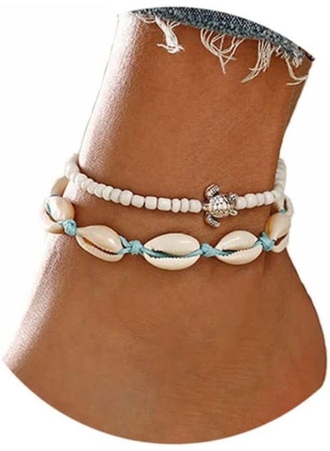 GIFT Boho Turtle Anklet Bracelets Set, Silver Layered Shell Beaded Foot Chain, Beach Jewelry for Women Summer Gifts Beaded Foot Chain Jewelry Accessories For Beach  - Image 2