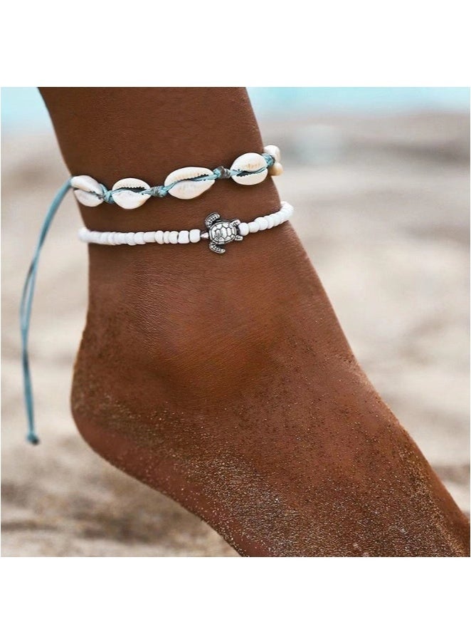 GIFT Boho Turtle Anklet Bracelets Set, Silver Layered Shell Beaded Foot Chain, Beach Jewelry for Women Summer Gifts Beaded Foot Chain Jewelry Accessories For Beach  - Image 1