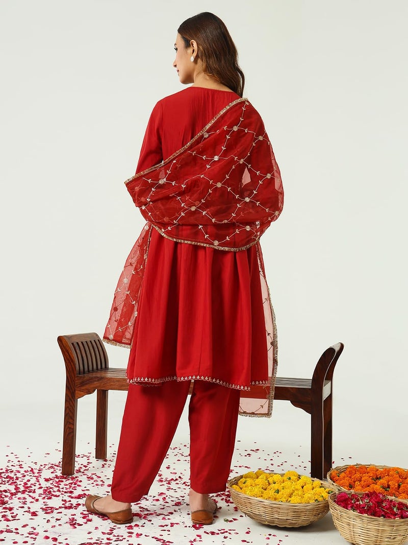 FIORRA Women's Red Silk Blend Nayra Cut Kurta with Pant and Dupatta - Image 2