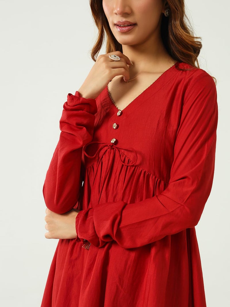 FIORRA Women's Red Silk Blend Nayra Cut Kurta with Pant and Dupatta - Image 4
