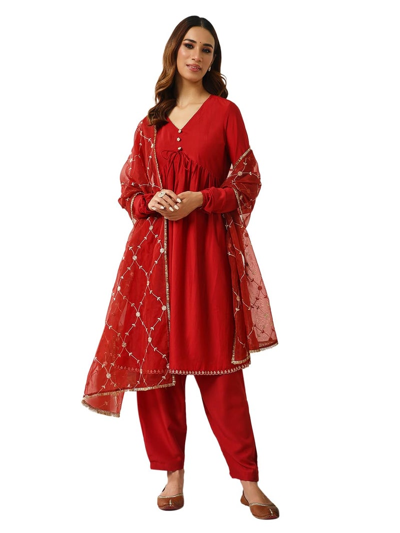 FIORRA Women's Red Silk Blend Nayra Cut Kurta with Pant and Dupatta - Image 1