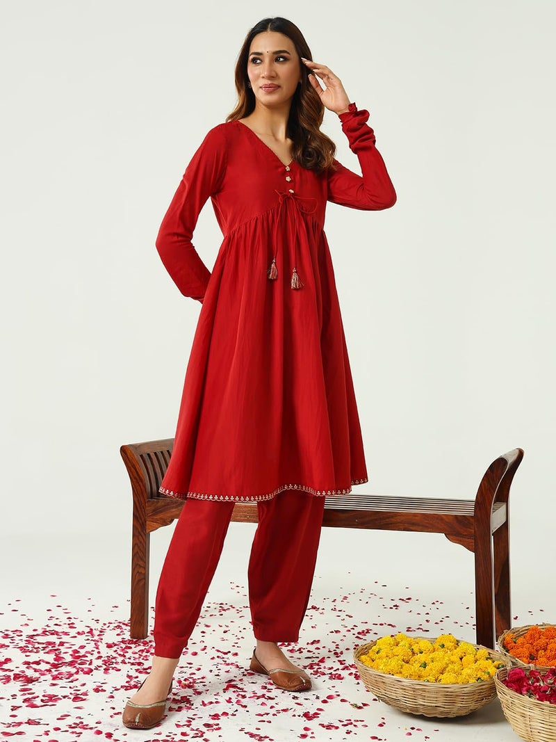 FIORRA Women's Red Silk Blend Nayra Cut Kurta with Pant and Dupatta - Image 3