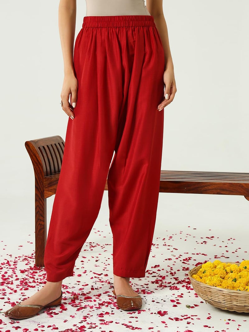 FIORRA Women's Red Silk Blend Nayra Cut Kurta with Pant and Dupatta - Image 5