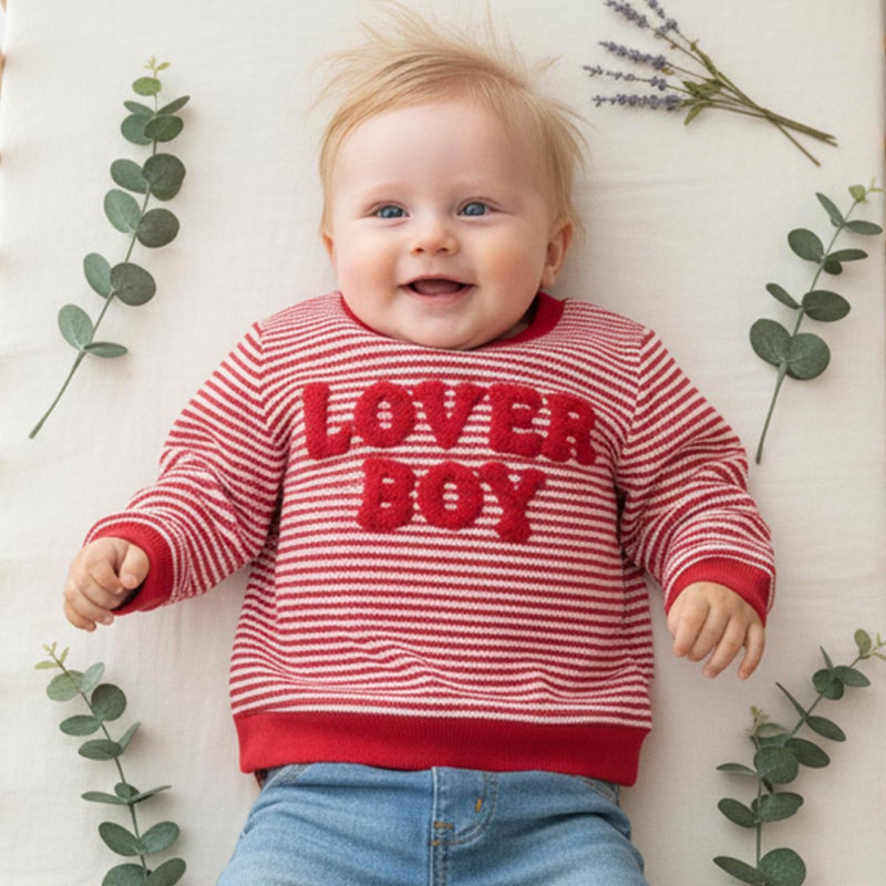 Mieeyali Toddler Baby Boy Valentines Outfit Lover Boy Baby Sweatshirt Striped Knit Kids Pullover Sweater Shirt Tops (Red, 6-12 Months) - Image 3