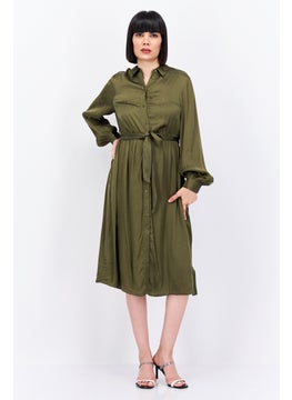 Women Textured Belted Shirt Dress, Olive