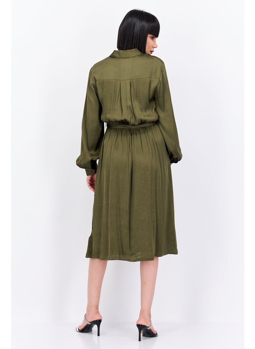 Scotch & Soda - Women Textured Belted Shirt Dress, Olive - Image 1