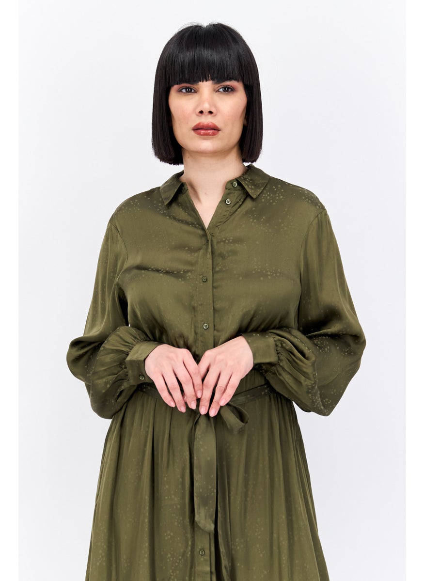 Scotch & Soda - Women Textured Belted Shirt Dress, Olive - Image 1