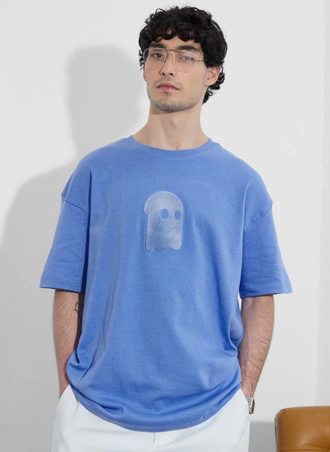 ذا سوليد ستور The Souled Store Men's Oversized Blue T-Shirt with Ghost Design