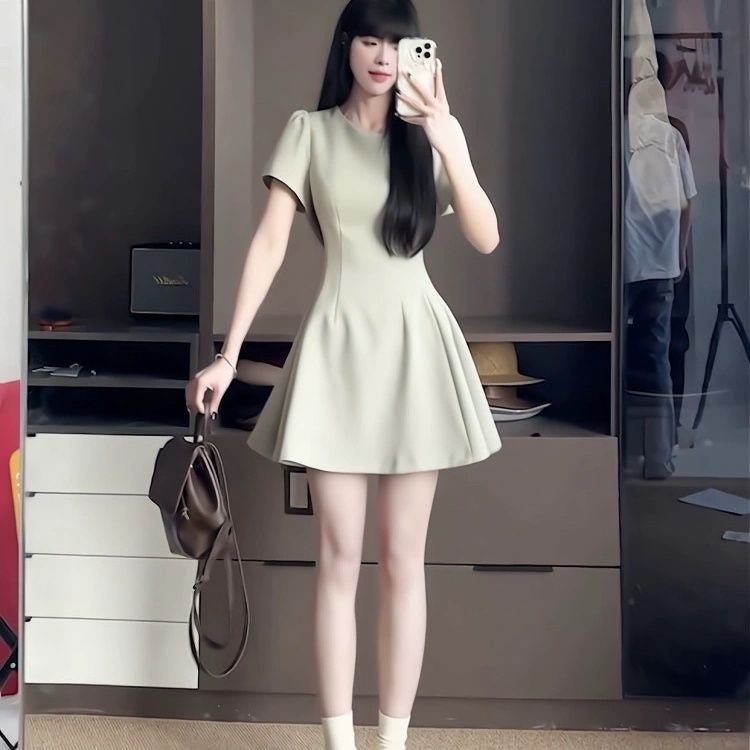 Short-sleeved dress womens summer 2025 new elegant thin material suit skirt waist slimming A- line skirt White - Image 3