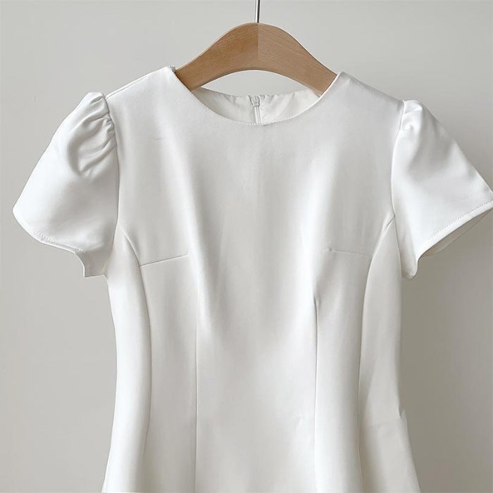 Short-sleeved dress womens summer 2025 new elegant thin material suit skirt waist slimming A- line skirt White - Image 1