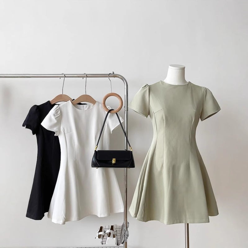 Short-sleeved dress womens summer 2025 new elegant thin material suit skirt waist slimming A- line skirt White - Image 5