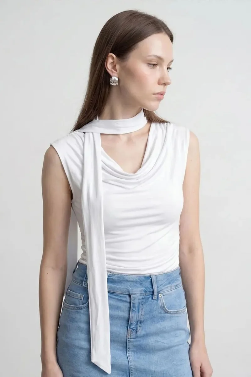 DILVIN Sleeveless Cowl Neck Jersey Blouse