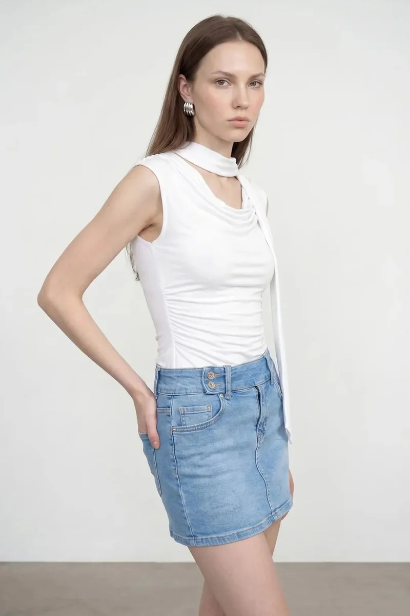 Dilvin White DILVIN Sleeveless Cowl Neck Jersey Blouse for Women | Best Price UAE