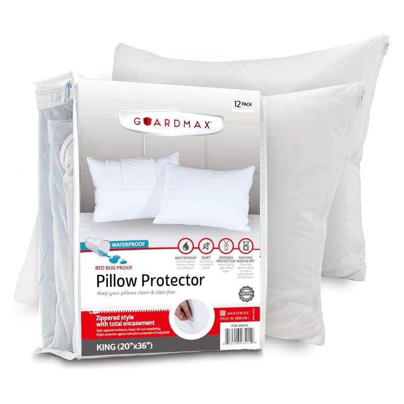 Guardmax Guardmax Jersey Knitted Pillow Protector with Zipper King Size  12 Pack  100 Waterproof Bed Bug Proof Dust Mite Proof  Hypoallergenic Pillow Covers  Premium Zippered Pillow Cases 20 X 36 