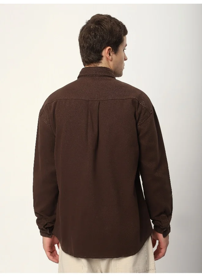 Beyoung Brown Embroidered Pocket Shirt