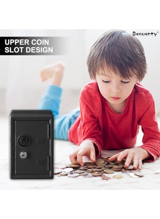 Mini Money Box, All-metal Coin-Operated Safe Security Box with Key Lock for Home, School, Office, Cash Coins Saving Pot, Money Storage Box for Boys and Girls (Black) - Image 2