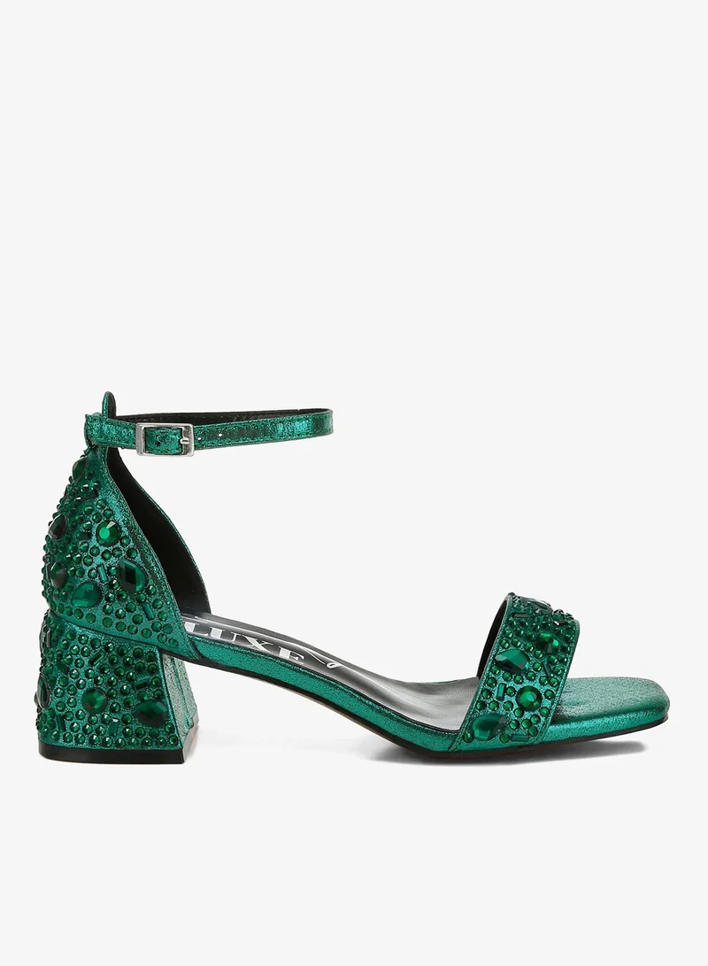 Rhinestone Embellished Shimmer Sandals in Green