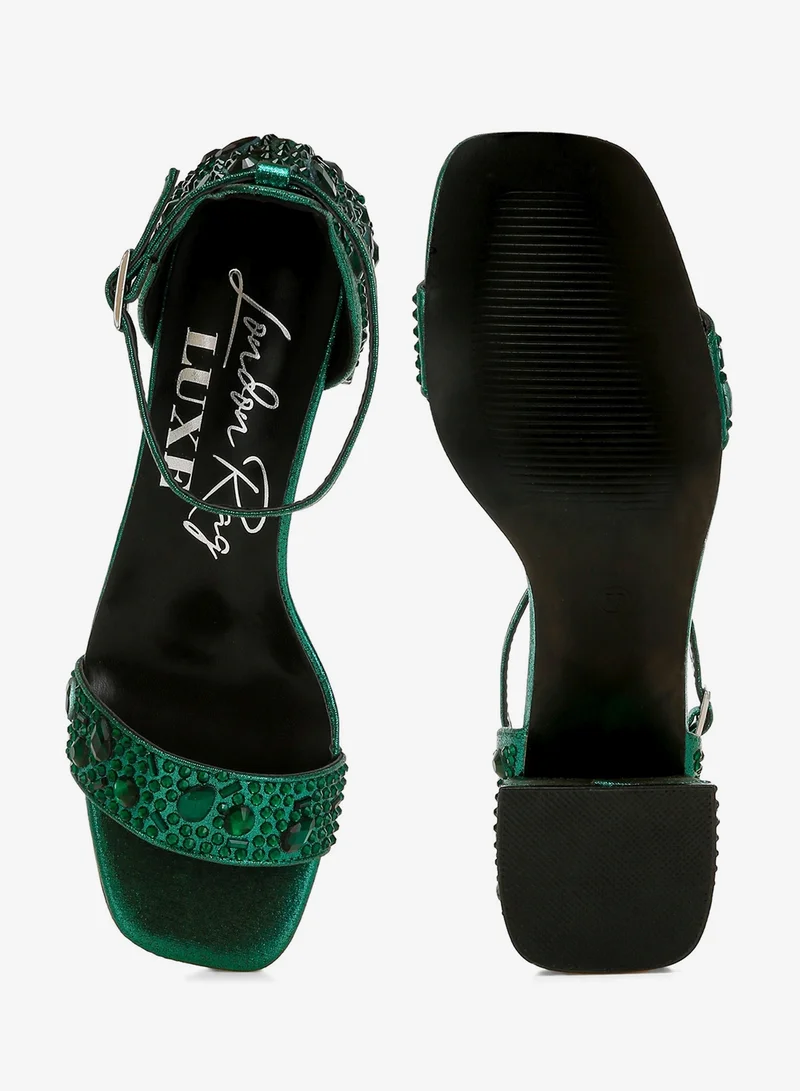 London Rag Green Rhinestone Embellished Shimmer Sandals in Green for Women | Best Price UAE