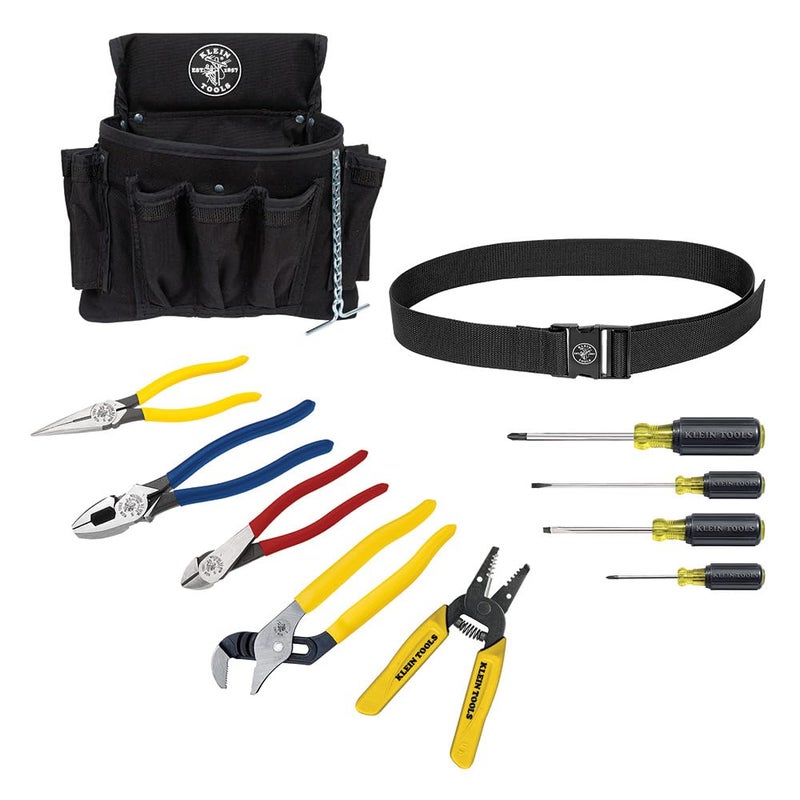Klein Tools 92911 Tool Kit, Apprentice Tool Set with 4 Pliers, Wire Stripper and Cutter, 4 Screwdrivers, Tool Belt and Tool Pouch, 11-Piece - Image 1