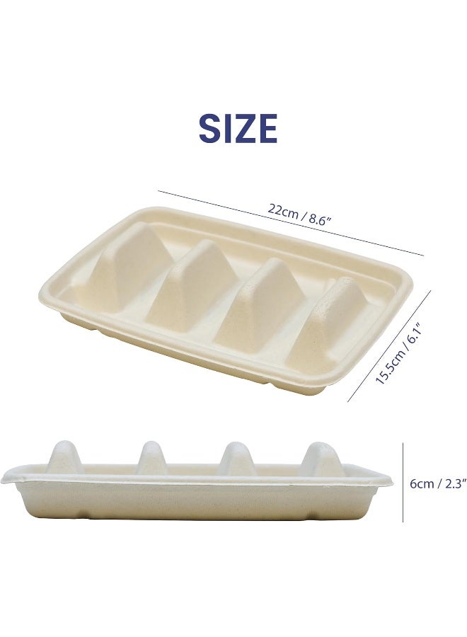 إس إن إتش باكينج صينية حامل التاكو القابلة للتصرف من SNH Packing (عبوة من 60 قطعة) مع غطاء و3 أقسام من ألياف قصب السكر، صحون أو فواصل تقف لأخذ التاكو، مثالية للتاكو الطري/المقسى، آمنة للاستخدام في الميكروويف والفريزر. - Image 2