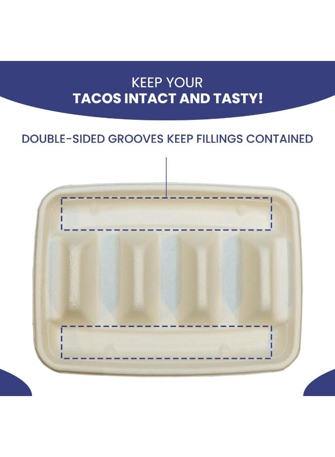 إس إن إتش باكينج صينية حامل التاكو القابلة للتصرف من SNH Packing (عبوة من 60 قطعة) مع غطاء و3 أقسام من ألياف قصب السكر، صحون أو فواصل تقف لأخذ التاكو، مثالية للتاكو الطري/المقسى، آمنة للاستخدام في الميكروويف والفريزر. - Image 4