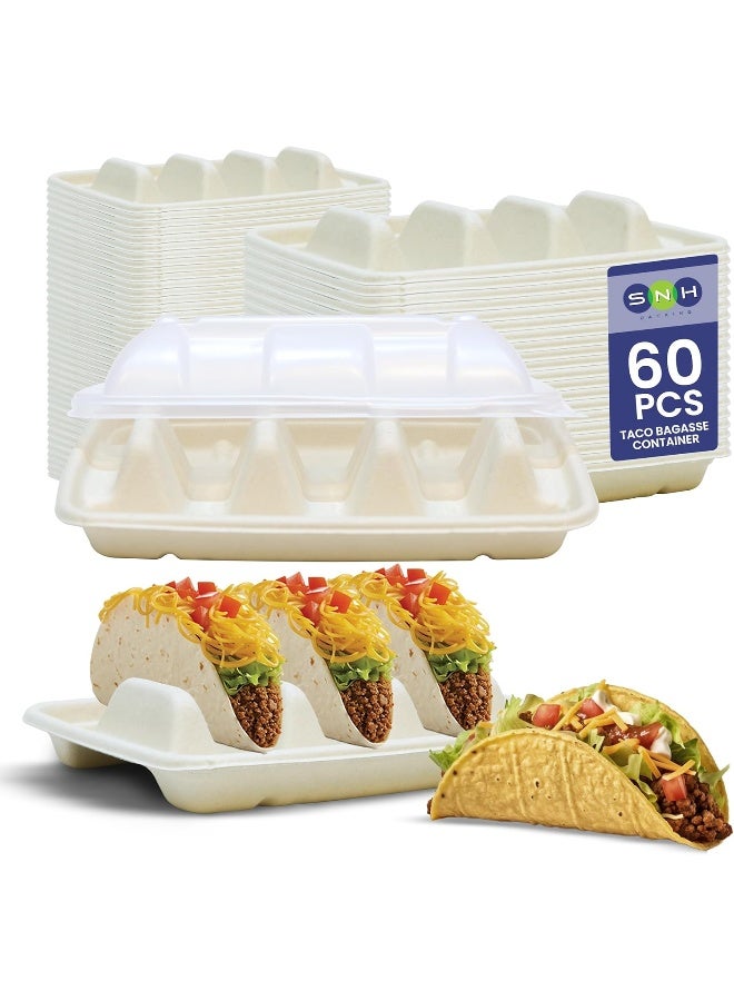 إس إن إتش باكينج صينية حامل التاكو القابلة للتصرف من SNH Packing (عبوة من 60 قطعة) مع غطاء و3 أقسام من ألياف قصب السكر، صحون أو فواصل تقف لأخذ التاكو، مثالية للتاكو الطري/المقسى، آمنة للاستخدام في الميكروويف والفريزر. - Image 1