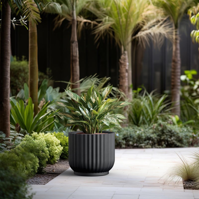 Kante Round Fulted Concrete Planter, 16.7 Inch Dia Large Plant Pot with Drainage Hole for Indoor Outdoor Plants, Modern Decor for Home, Patio, Garden, Black - Image 3