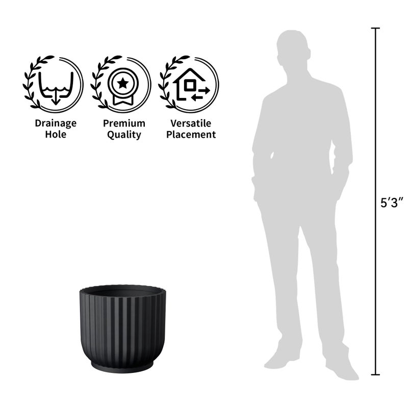 Kante Round Fulted Concrete Planter, 16.7 Inch Dia Large Plant Pot with Drainage Hole for Indoor Outdoor Plants, Modern Decor for Home, Patio, Garden, Black - Image 4